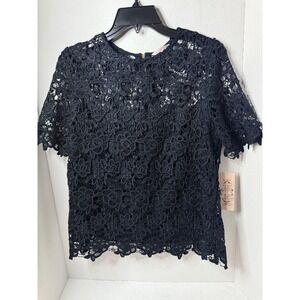 Nanette Lepore Dark Navy Lace Top, Short Sleeve, Round Neck,‎ Women's New Tags